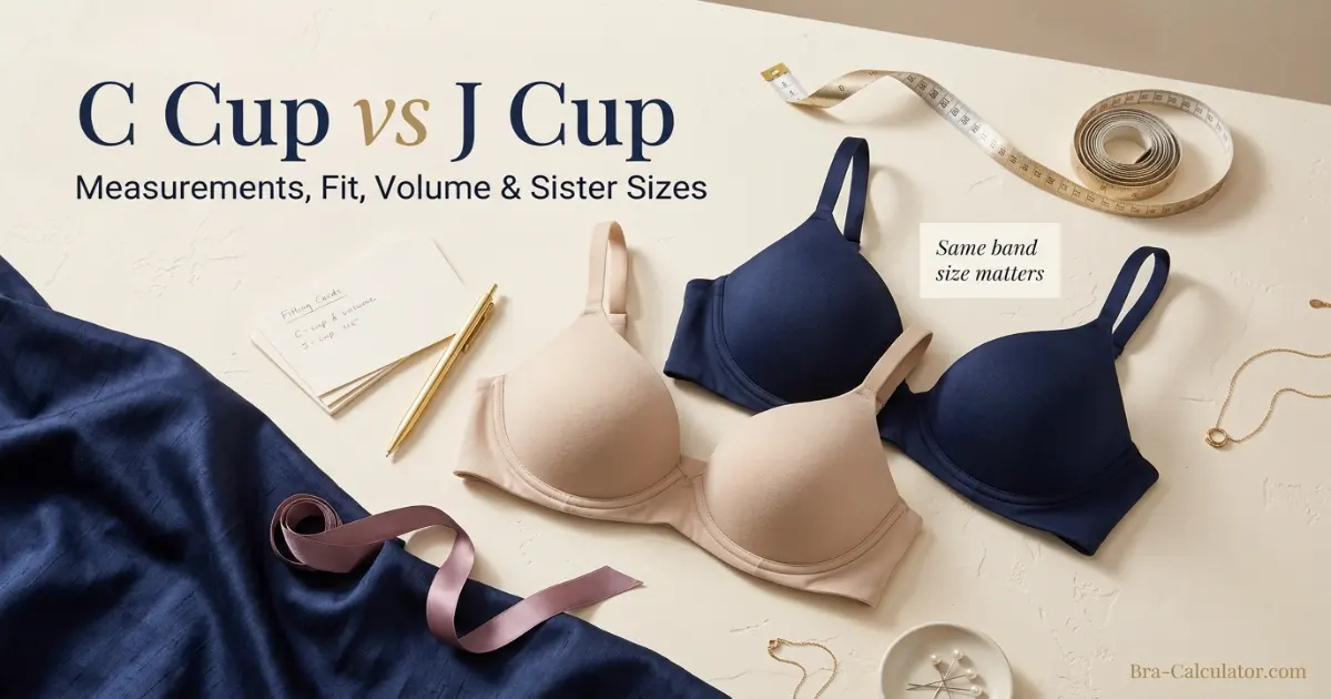 C Cup vs J Cup premium comparison hero with measurement tape and navy gold Bra-Calculator branding