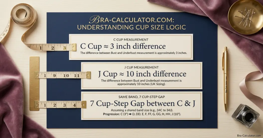 C Cup vs J Cup measurement diagram showing bust minus underbust cup depth difference
