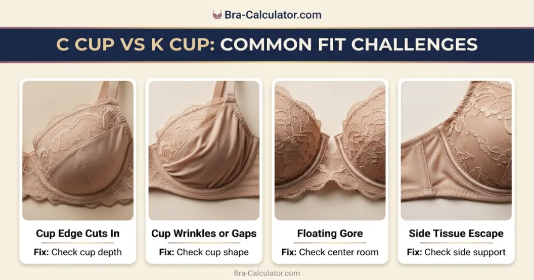 C Cup vs K Cup fit problem diagram showing gaping spillage floating gore side tissue and strap pressure