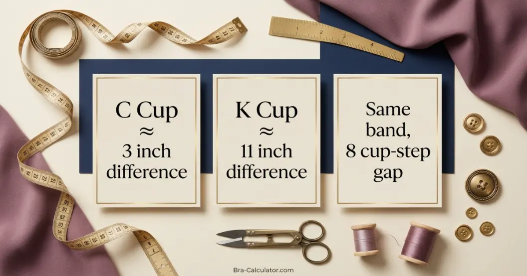 C Cup vs K Cup measurement diagram showing bust minus underbust cup depth difference
