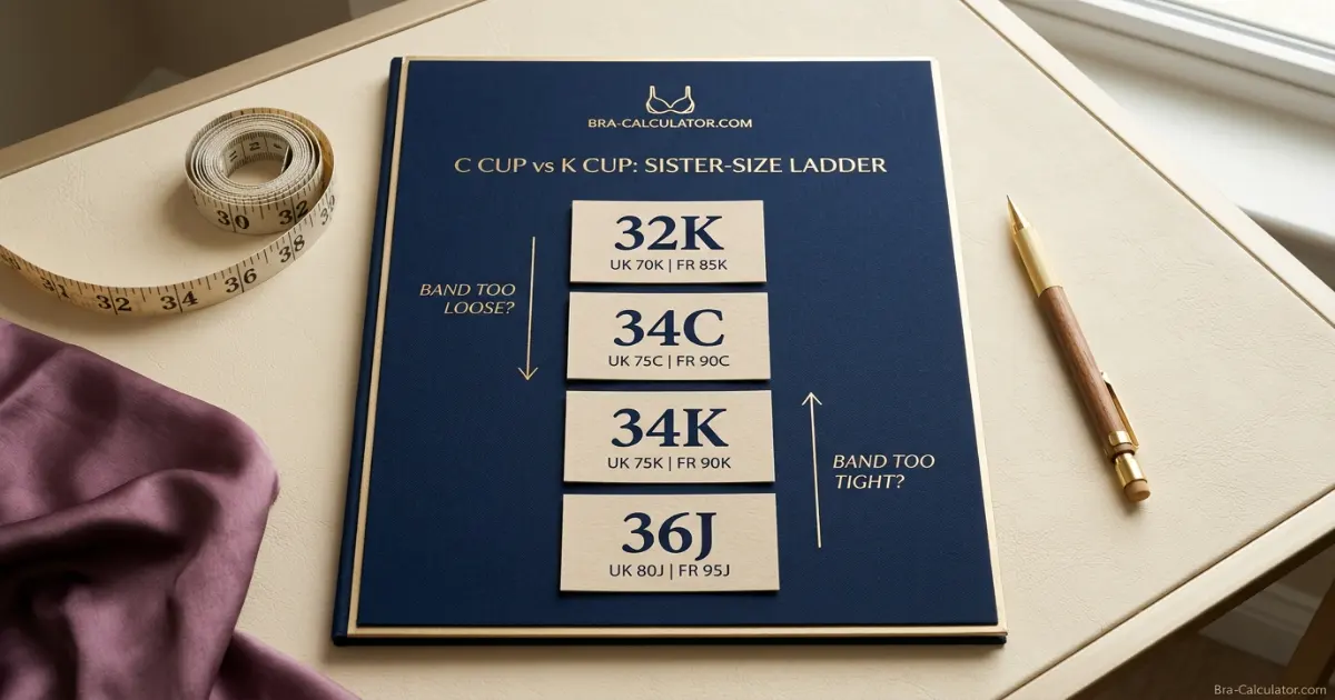 C Cup vs K Cup sister size ladder showing band and cup adjustments