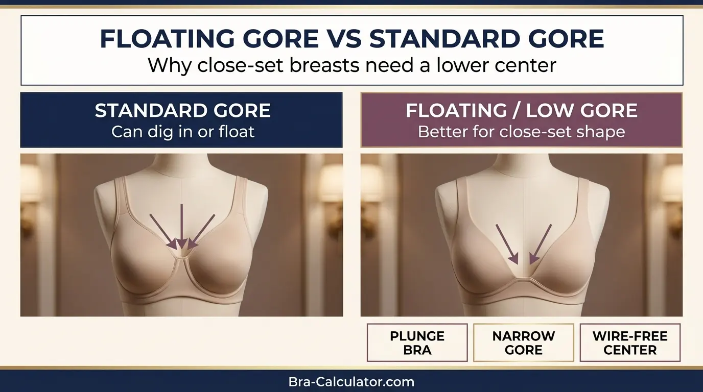 Illustration of floating centre gore problem on close-set breasts versus correct floating-gore plunge bra fit