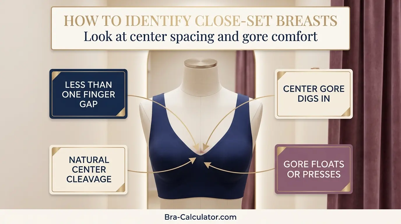 Diagram showing close-set breast identification — centre gore floating and less than one finger gap between breasts