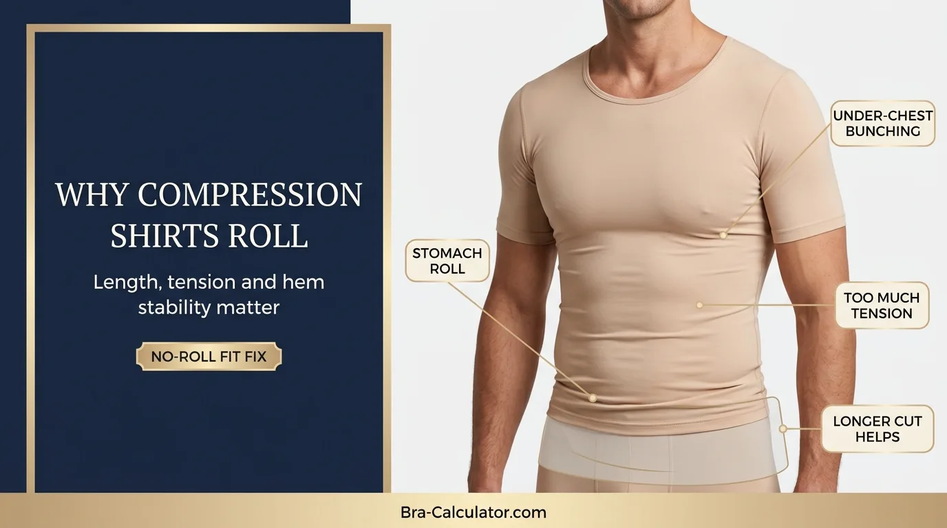 Compression shirt rolling up for gynecomastia showing stomach hem rolling and under chest bunching