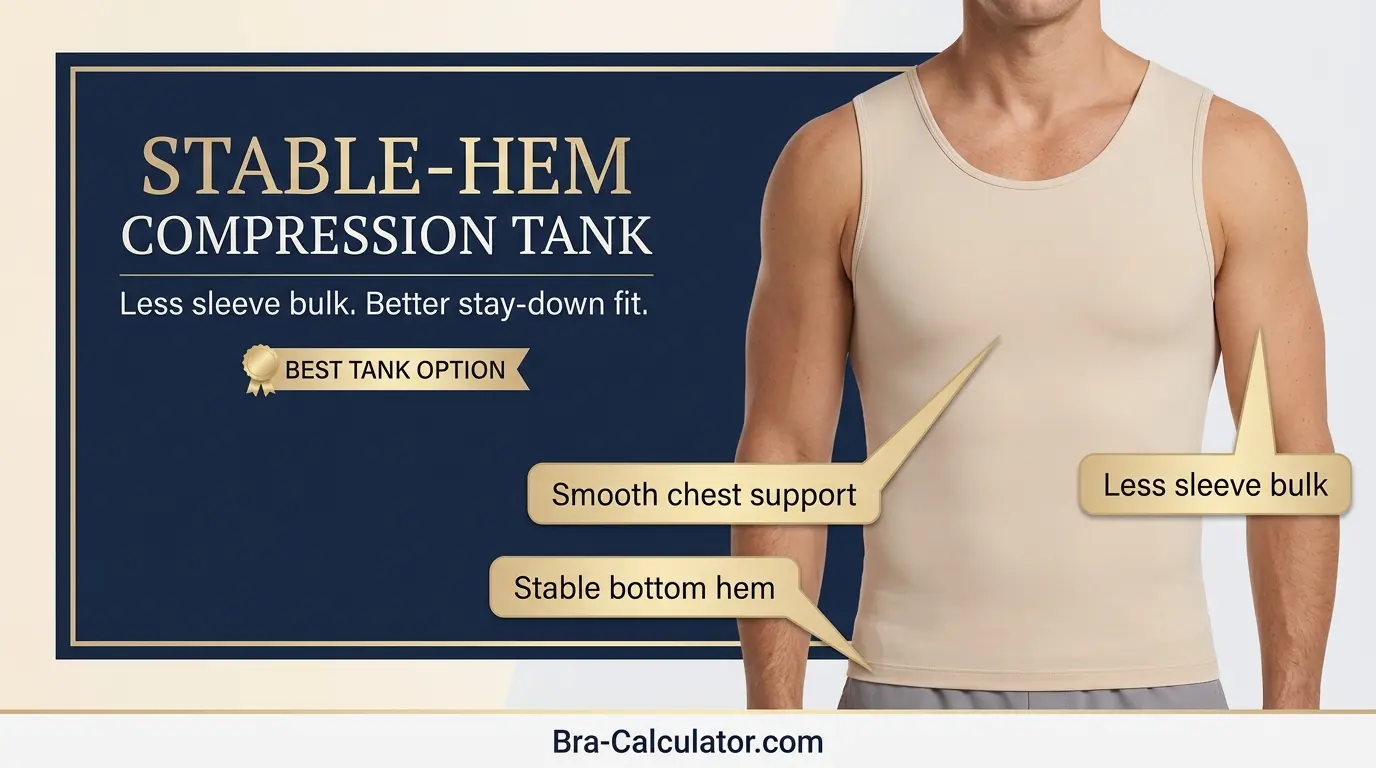 Compression tank with stable hem for gynecomastia shirt rolling up fix