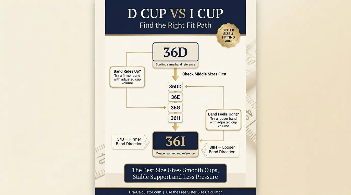 D Cup vs I Cup fit problem diagram showing mild cutting vs major overflow, floating gore, and middle-size checkpoints