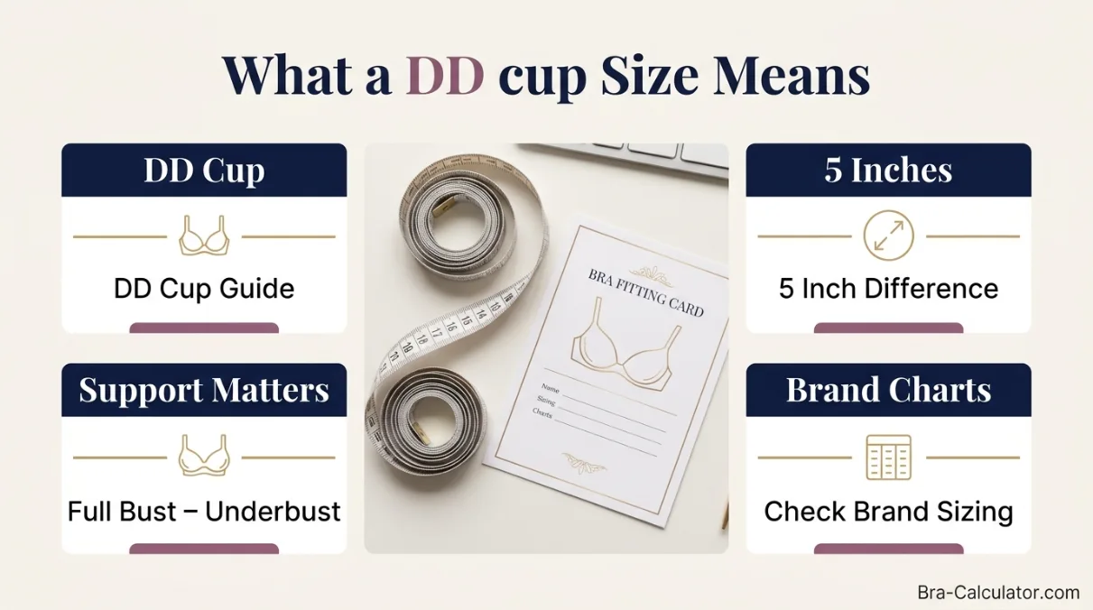 DD cup bra size guide — what 5 inch bust differential means, UK vs US DD sizing difference, and specialist brand range