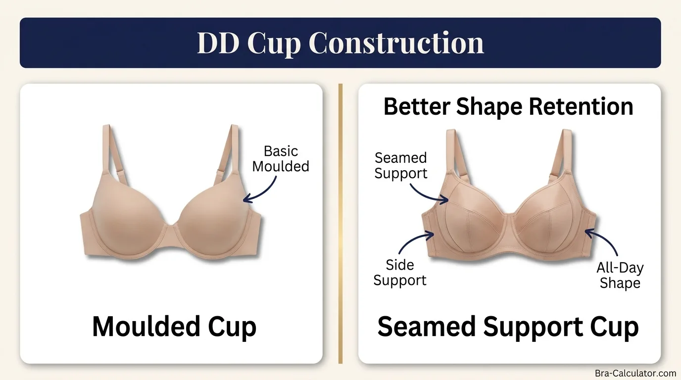 Side-by-side comparison of single-moulded foam cup versus 3-part seamed cup construction at DD cup volume
