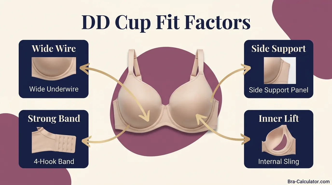 Diagram showing DD cup fit factors including underwire width, side panel coverage, and 4-hook band closure requirement