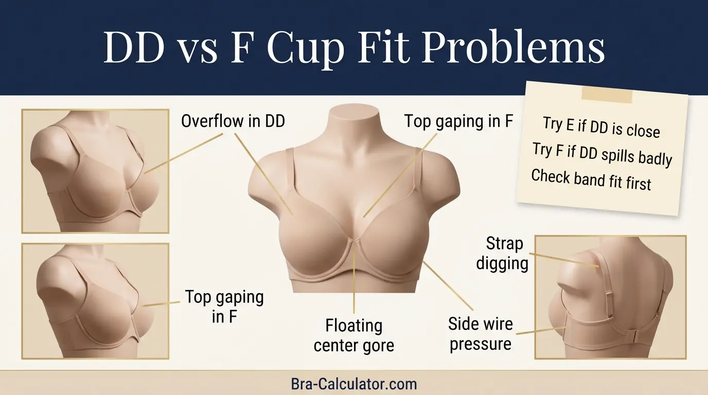 DD Cup vs F Cup fit problems showing overflow gaping floating gore wire pressure and strap digging