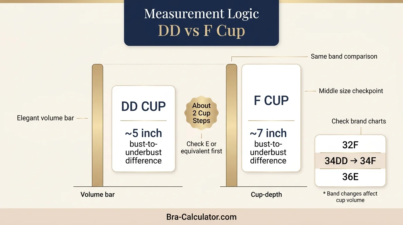 DD Cup vs F Cup measurement and sister size guide showing cup depth and band relationship