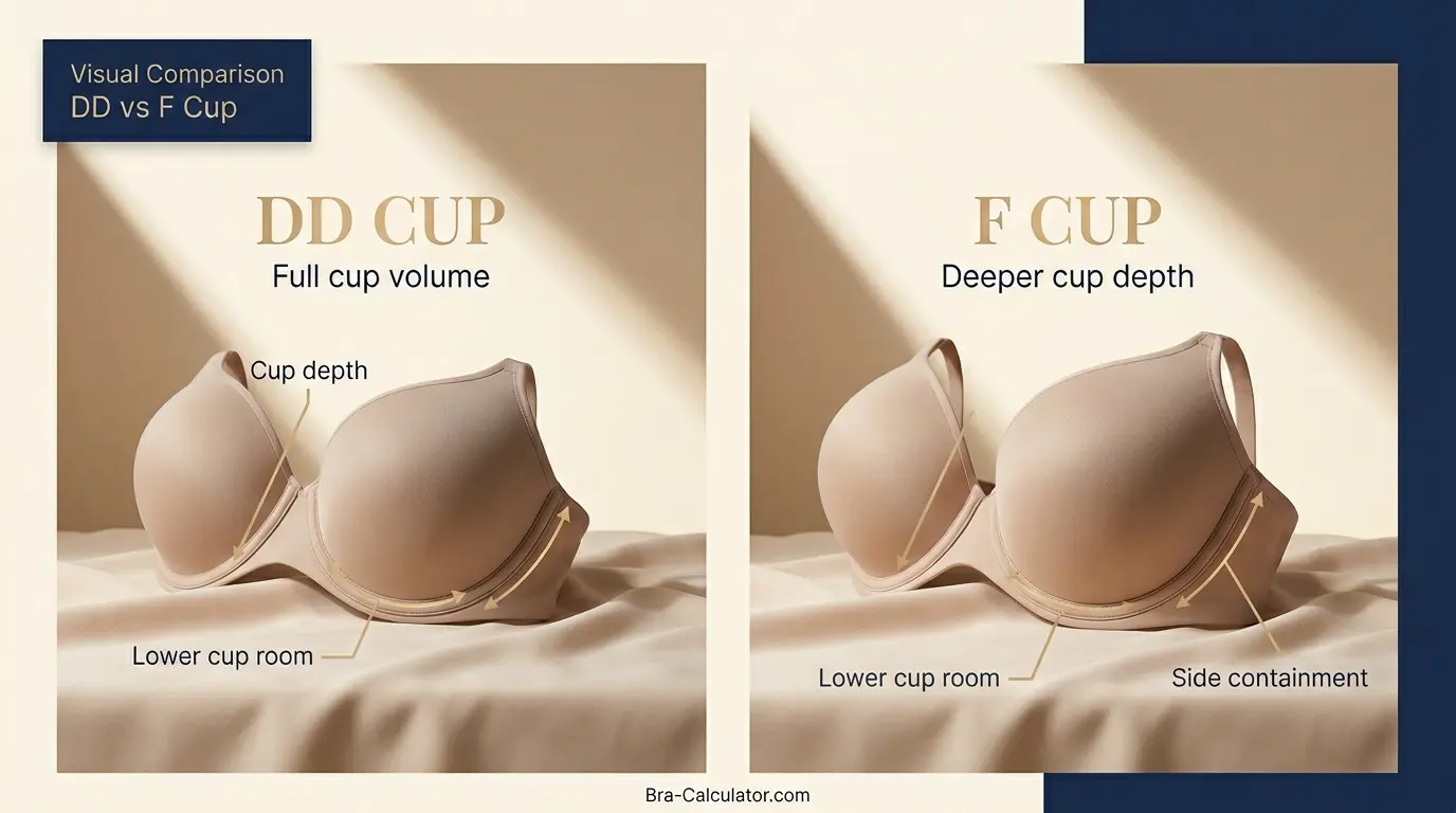 DD Cup vs F Cup visual comparison showing cup depth and fuller bust support difference