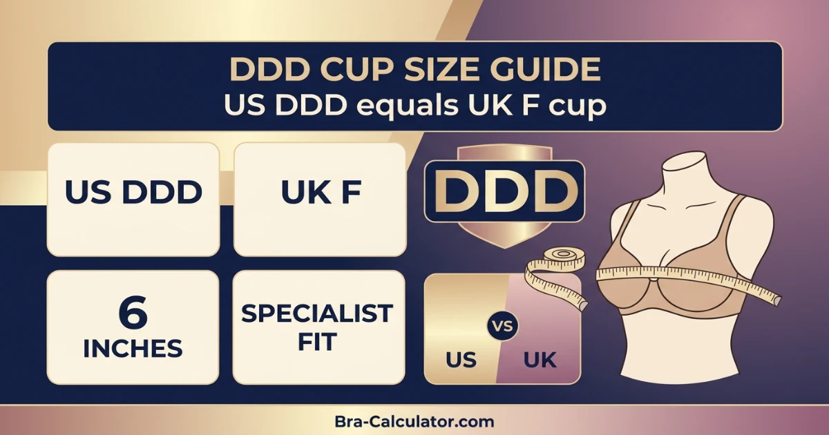 DDD cup bra size guide showing US DDD/F usually converts to UK E and the key specialist brands available at this size