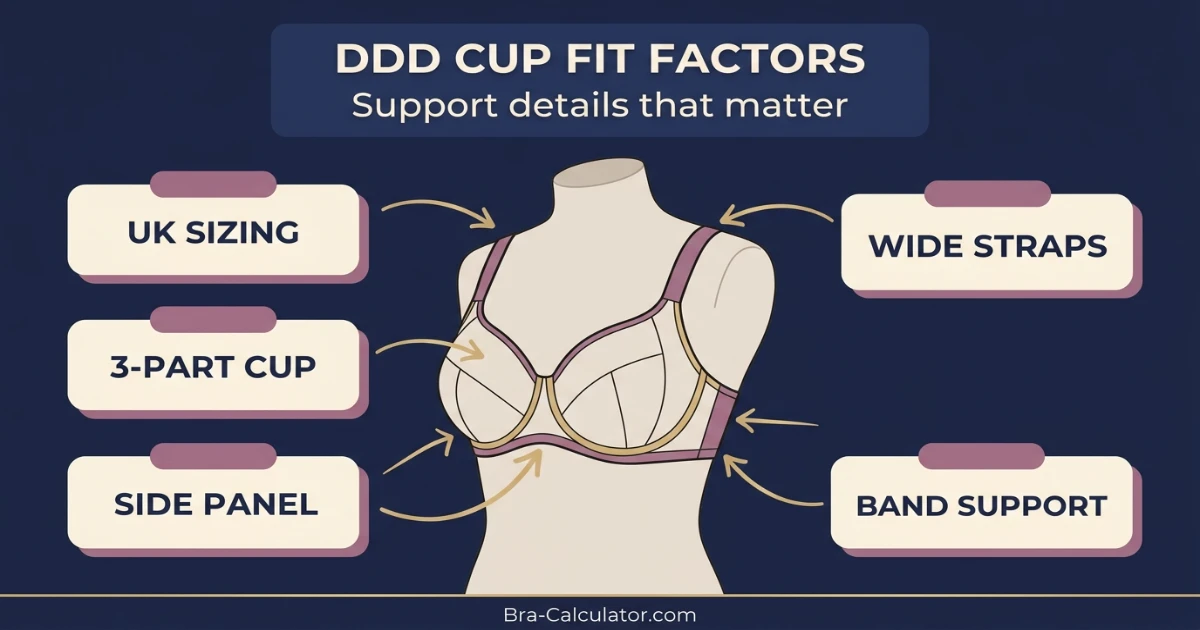 DDD cup fit factors showing UK sizing importance, multi-part construction requirement, and side panel depth guide