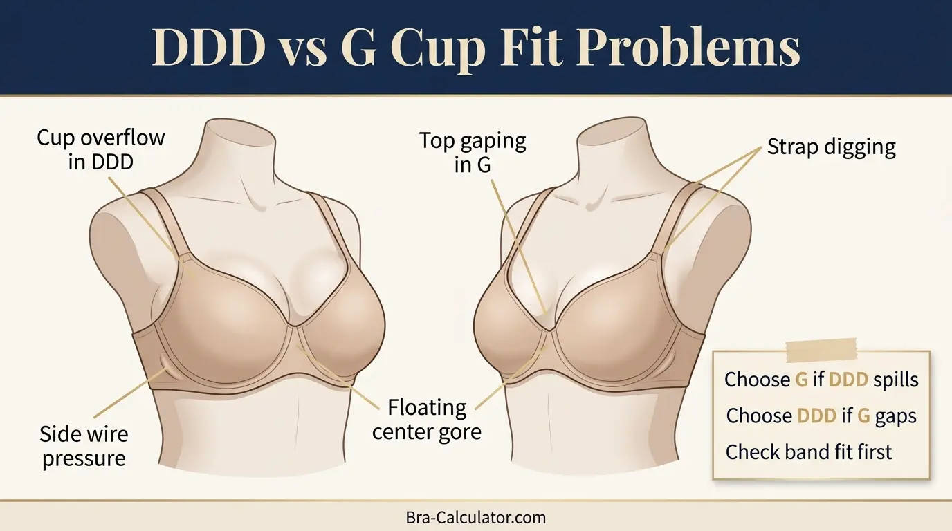 DDD Cup vs G Cup fit problems showing overflow gaping floating gore wire pressure and strap digging