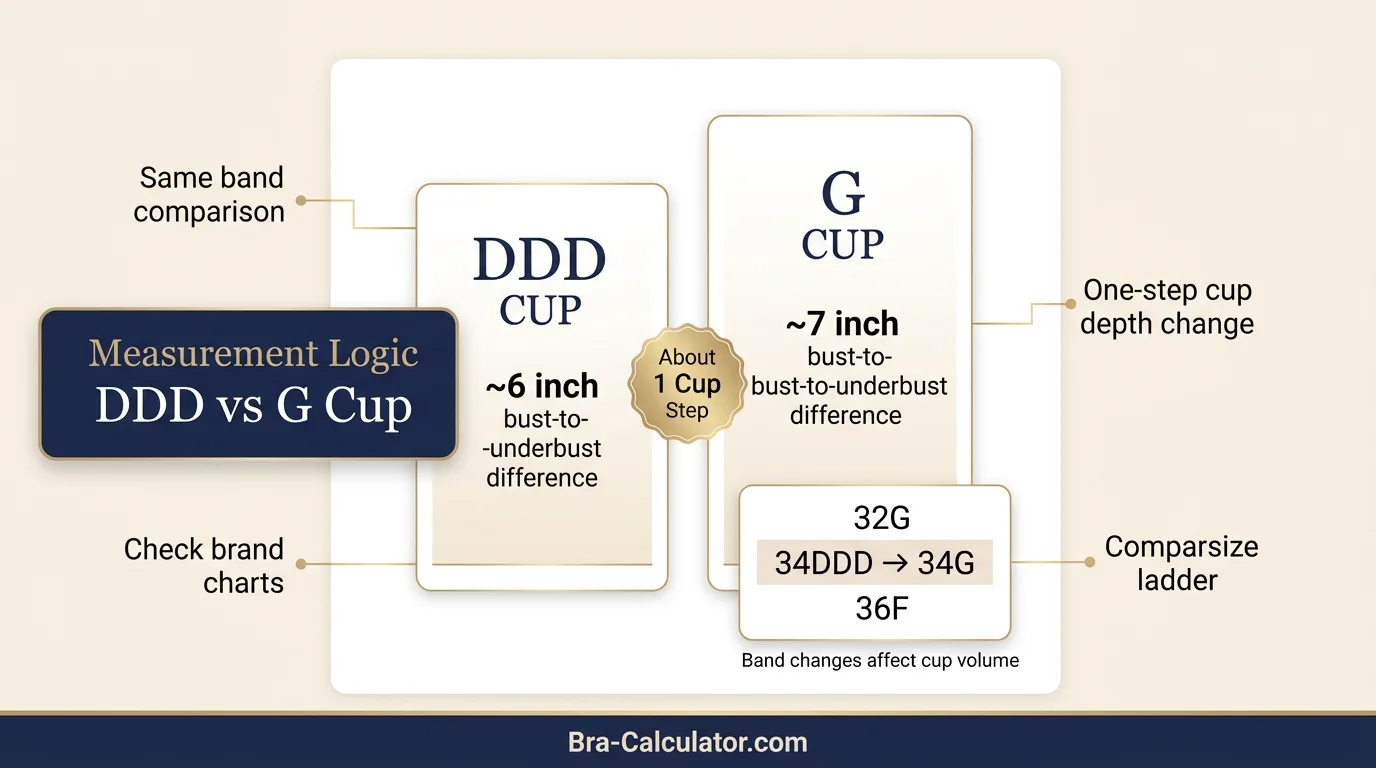 DDD Cup vs G Cup measurement and sister size guide showing cup depth and band relationship