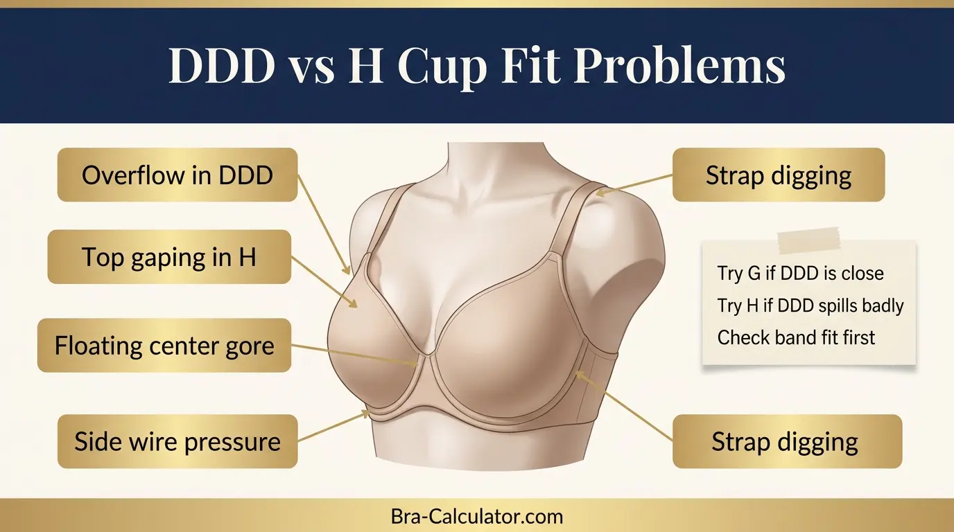 DDD Cup vs H Cup fit problems showing overflow gaping floating gore wire pressure and strap digging