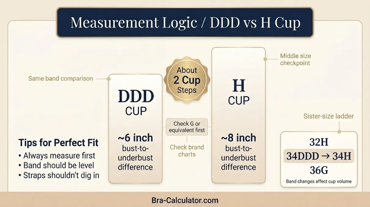 DDD Cup vs H Cup measurement and sister size guide showing cup depth and band relationship