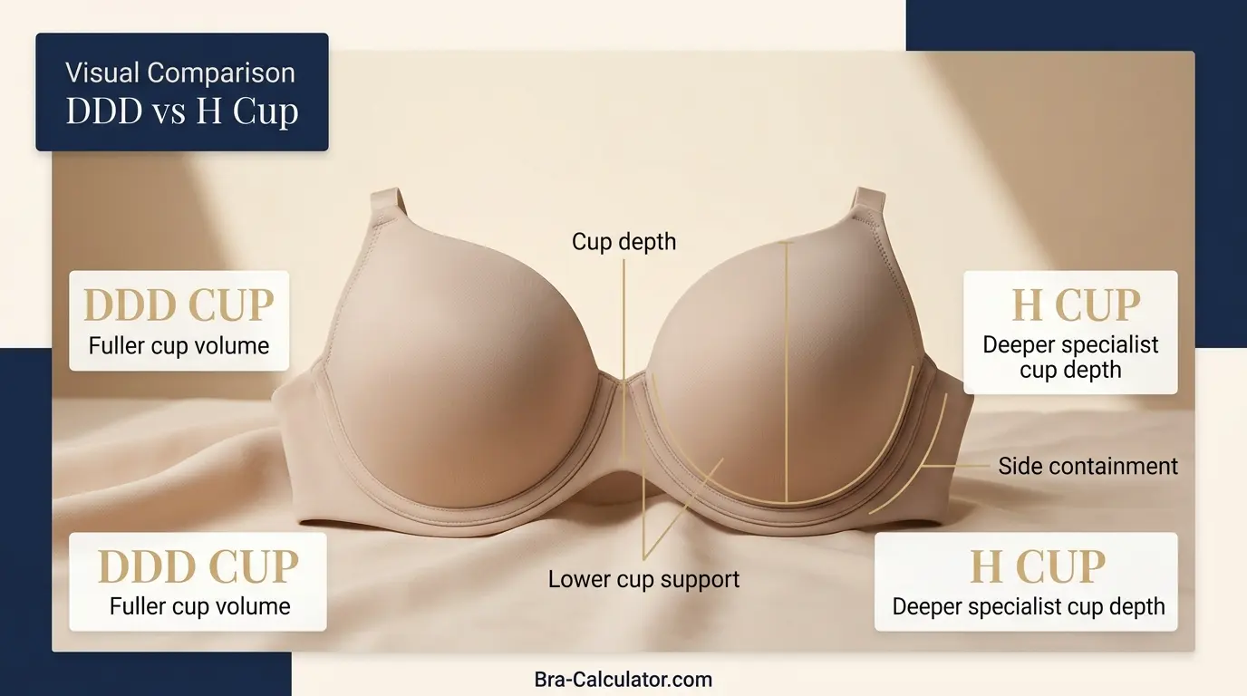 DDD Cup vs H Cup visual comparison showing fuller bust cup depth and support difference