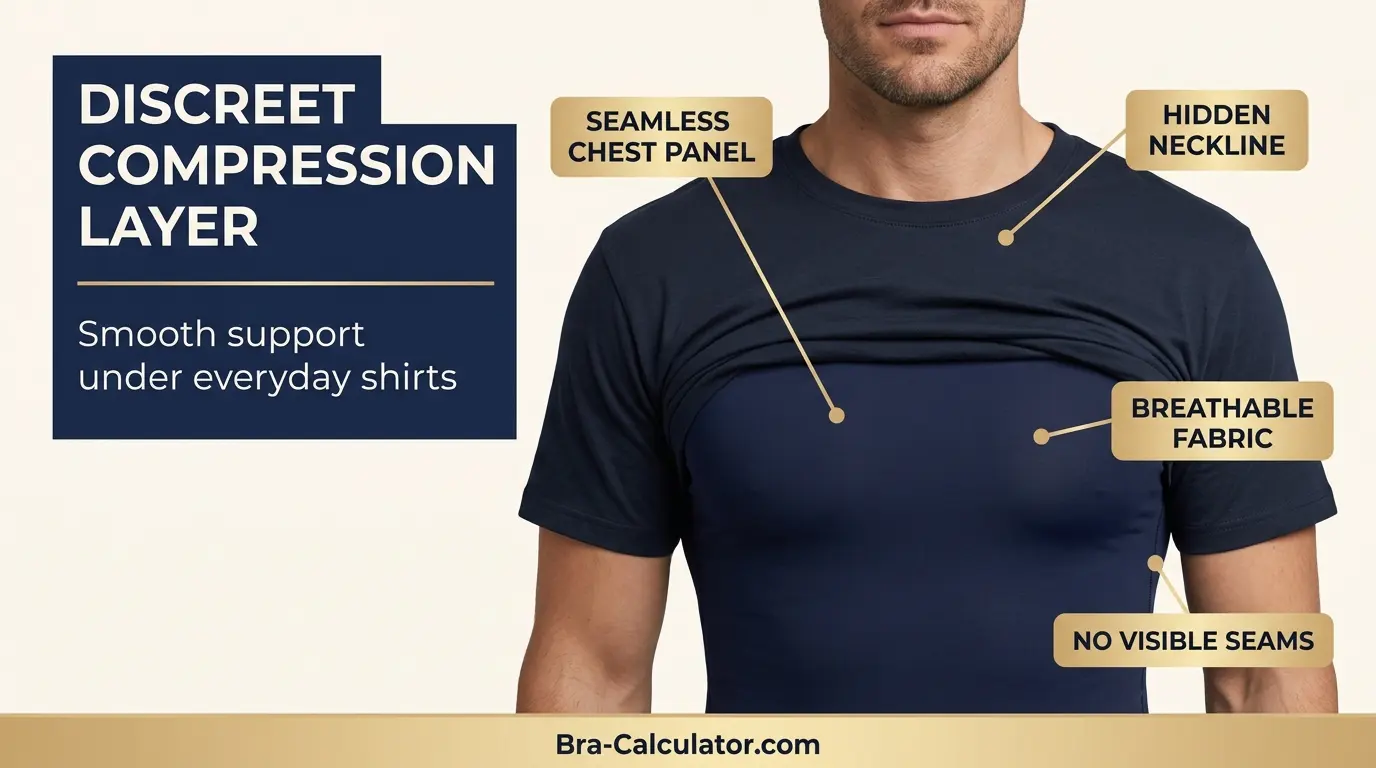 Discreet gynecomastia compression shirt layer under everyday men's clothing