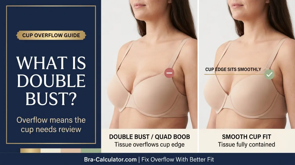 Double bust and quad boob guide showing breast tissue overflowing bra cup versus smooth full coverage fit