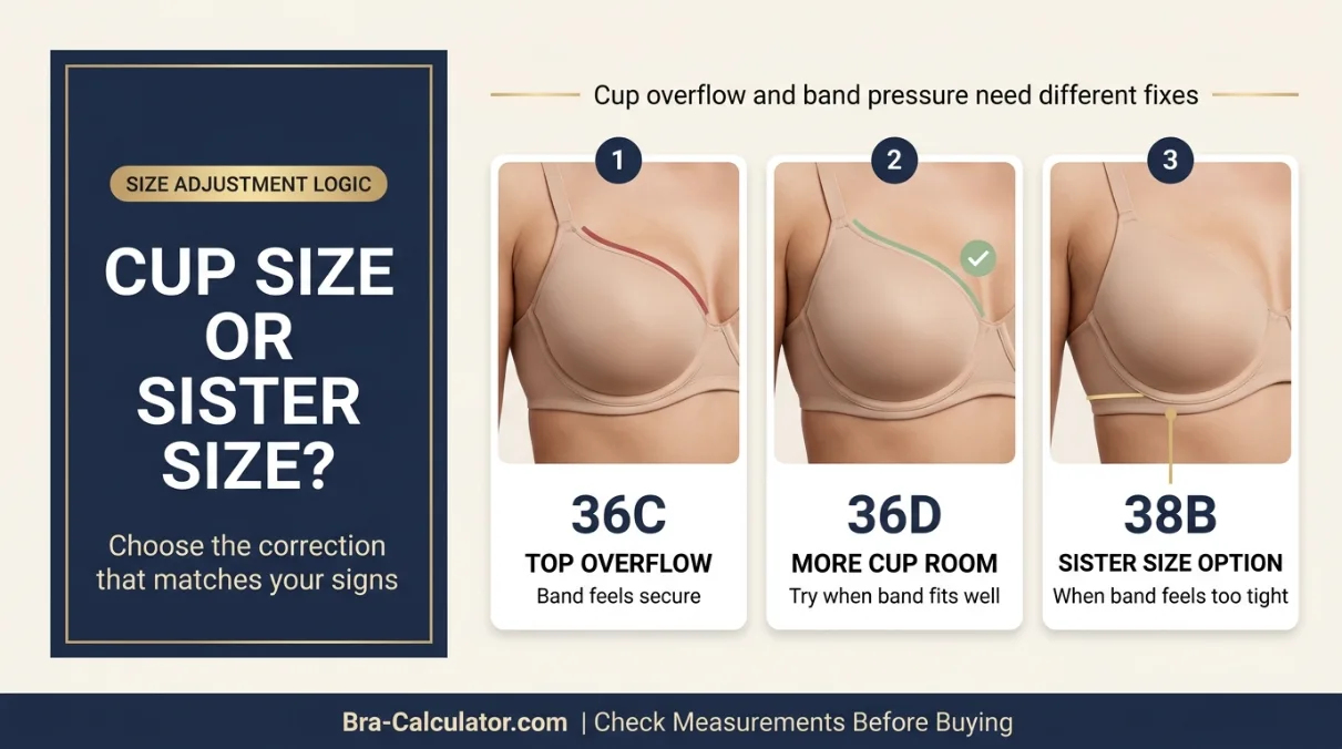 Double bust size correction showing when to go up in cup size versus when to use sister sizing