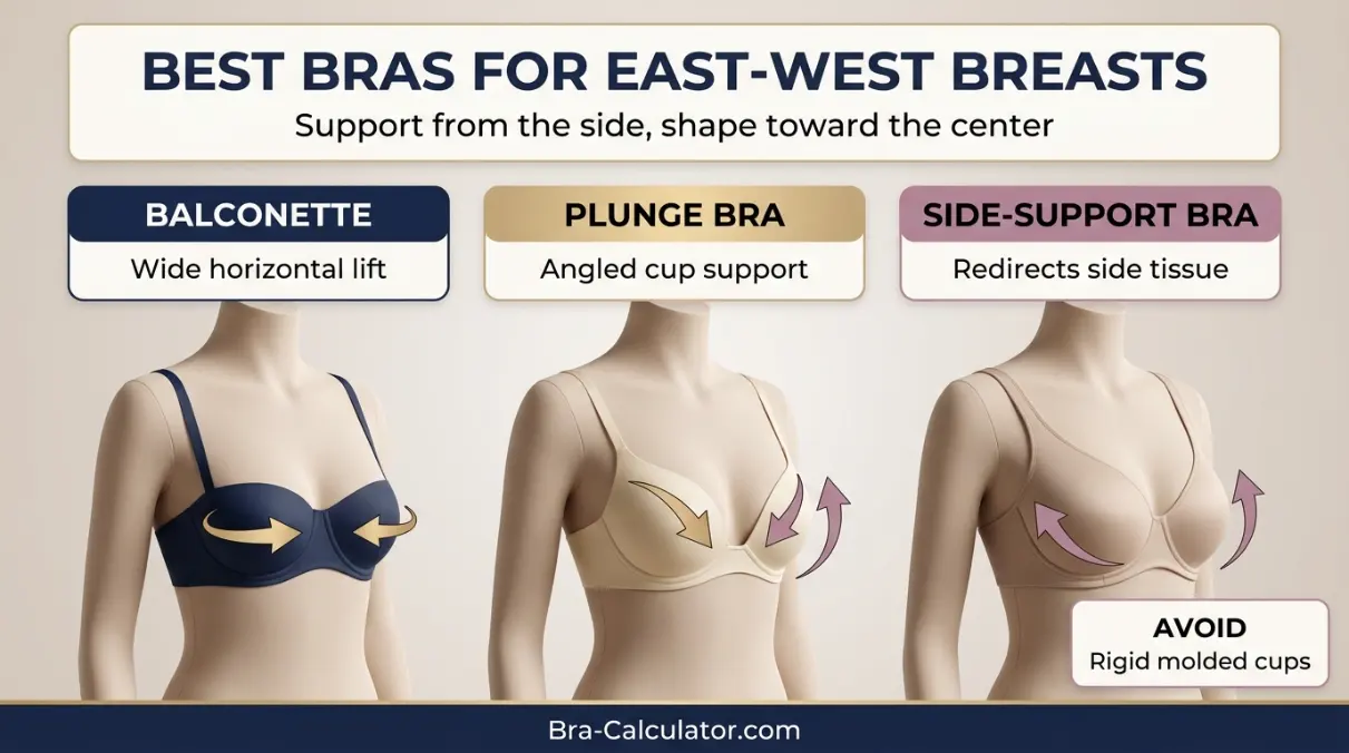 Best bra styles for east-west breasts including balconette and plunge cuts with wide underwires