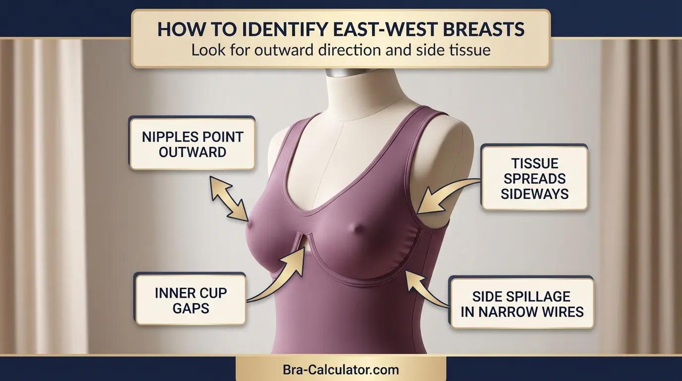 Diagram showing how to identify east-west breast shape — outward nipple direction and lateral tissue spread