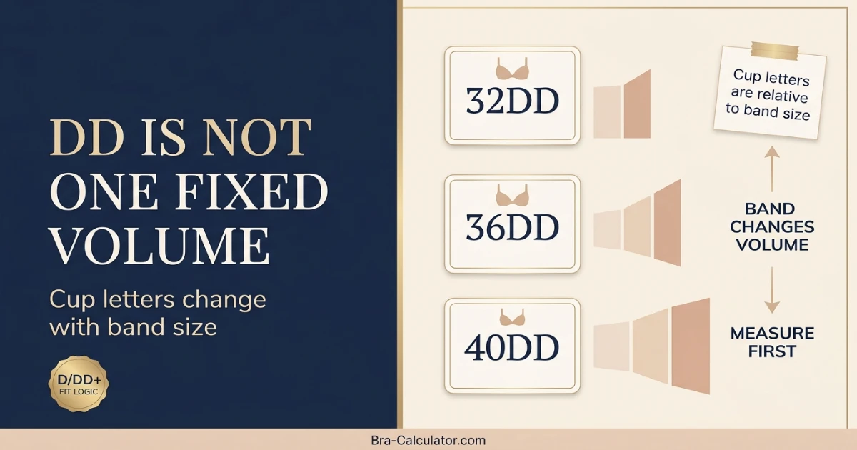 Educational graphic showing that DD cup volume changes with band size and fit should be assessed by measurements