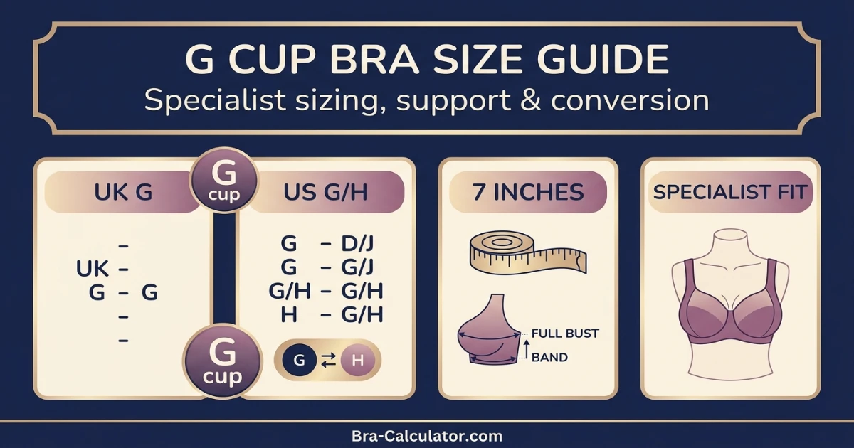 G cup bra size guide showing UK versus US sizing, specialist bra brands, and fit construction notes