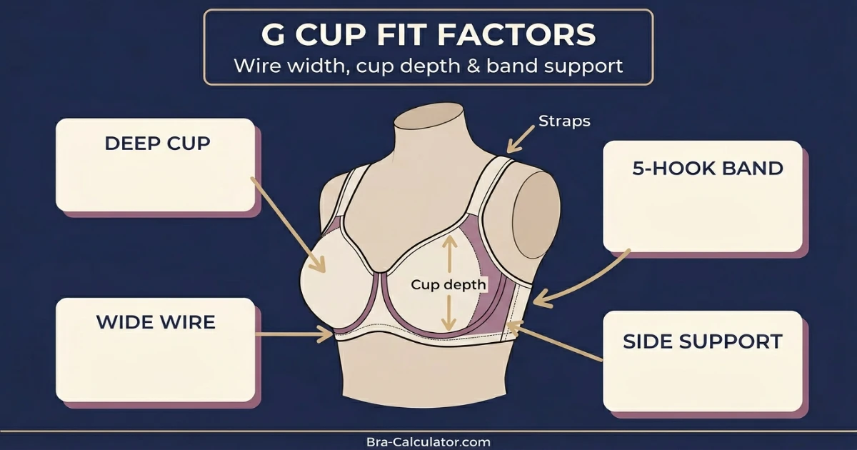 G cup fit factors diagram showing cup depth, wire width, band stability, strap placement and side support