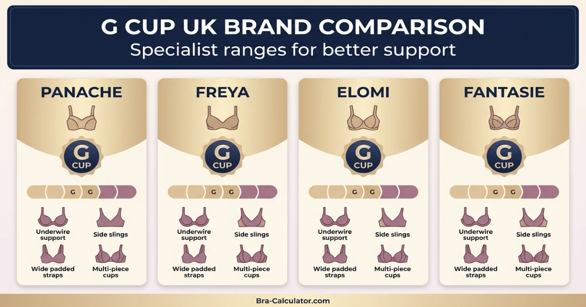 G cup specialist brand comparison featuring Panache, Freya, Elomi, Fantasie and other full-bust bra brands