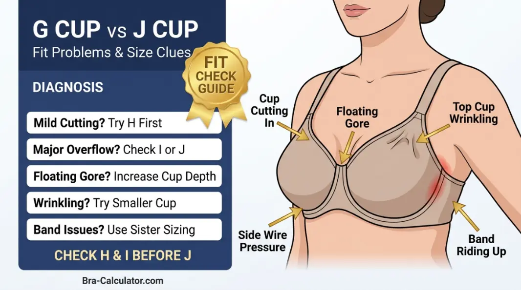 G Cup vs J Cup fit problem diagram showing mild cutting vs major overflow, floating gore, and middle-size checkpoints