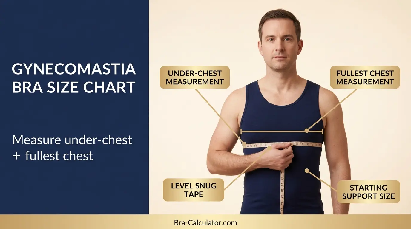 Gynecomastia bra size chart for men showing under chest and fullest chest measurement ranges