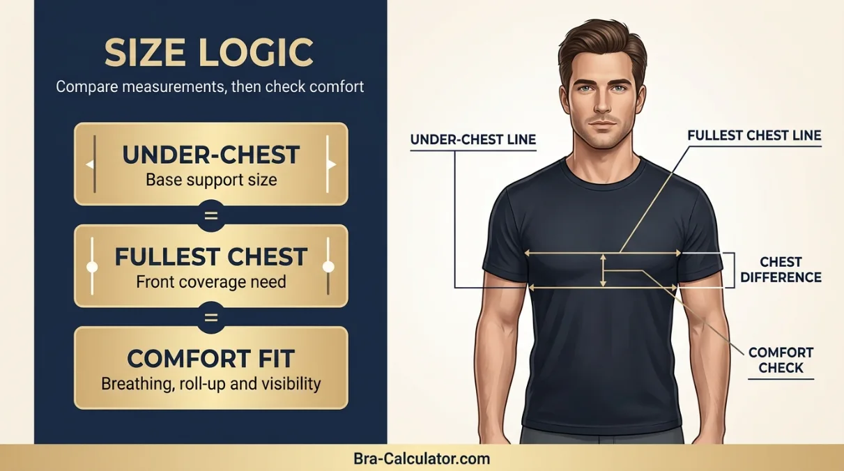 Gynecomastia chest measurement size logic showing under chest and fullest chest comparison
