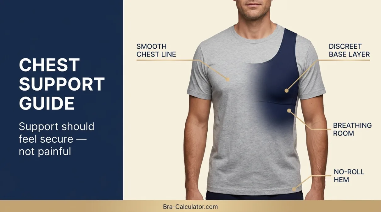 Gynecomastia chest support guide showing discreet compression under a T-shirt
