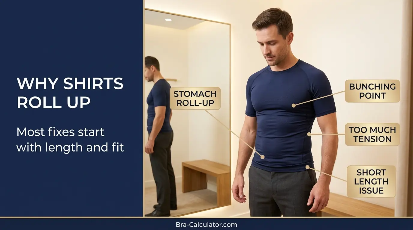 Gynecomastia compression shirt rolls up showing common rolling points at stomach and under chest