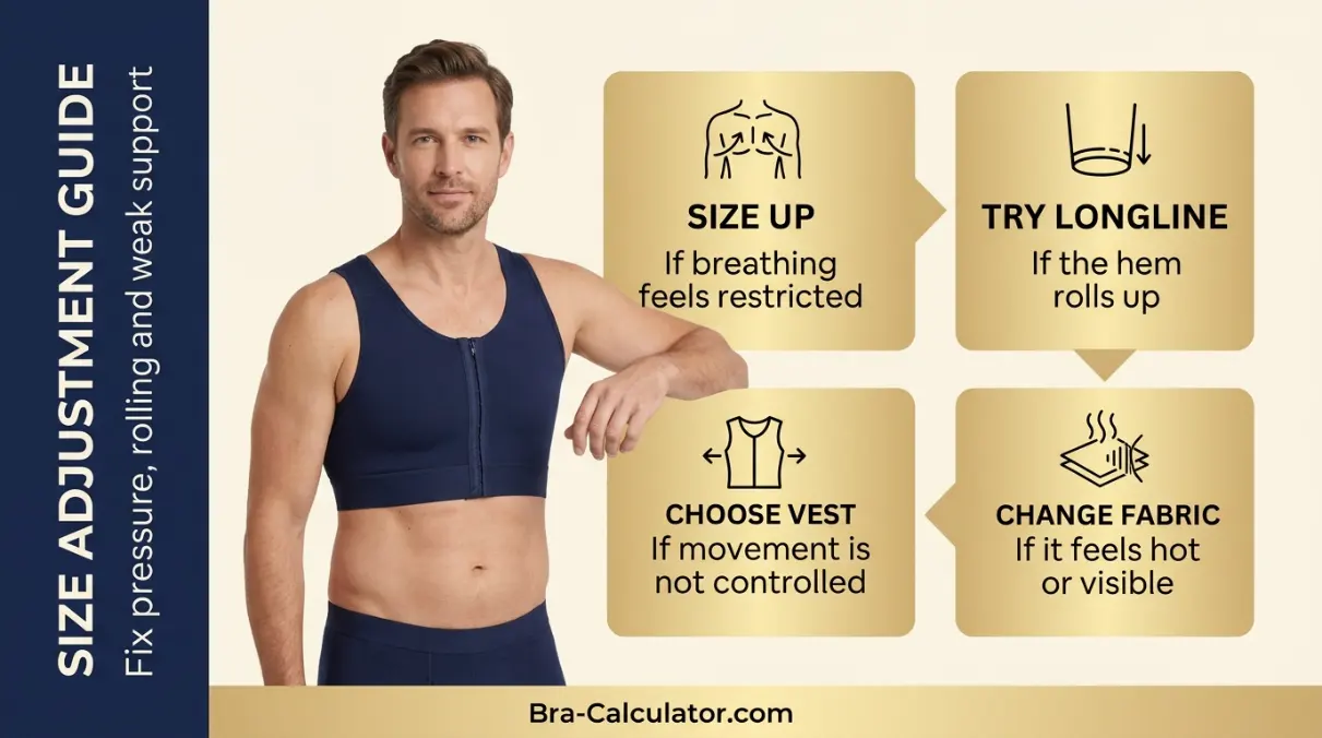 Gynecomastia compression size adjustment guide showing when to size up change garment length or choose a vest