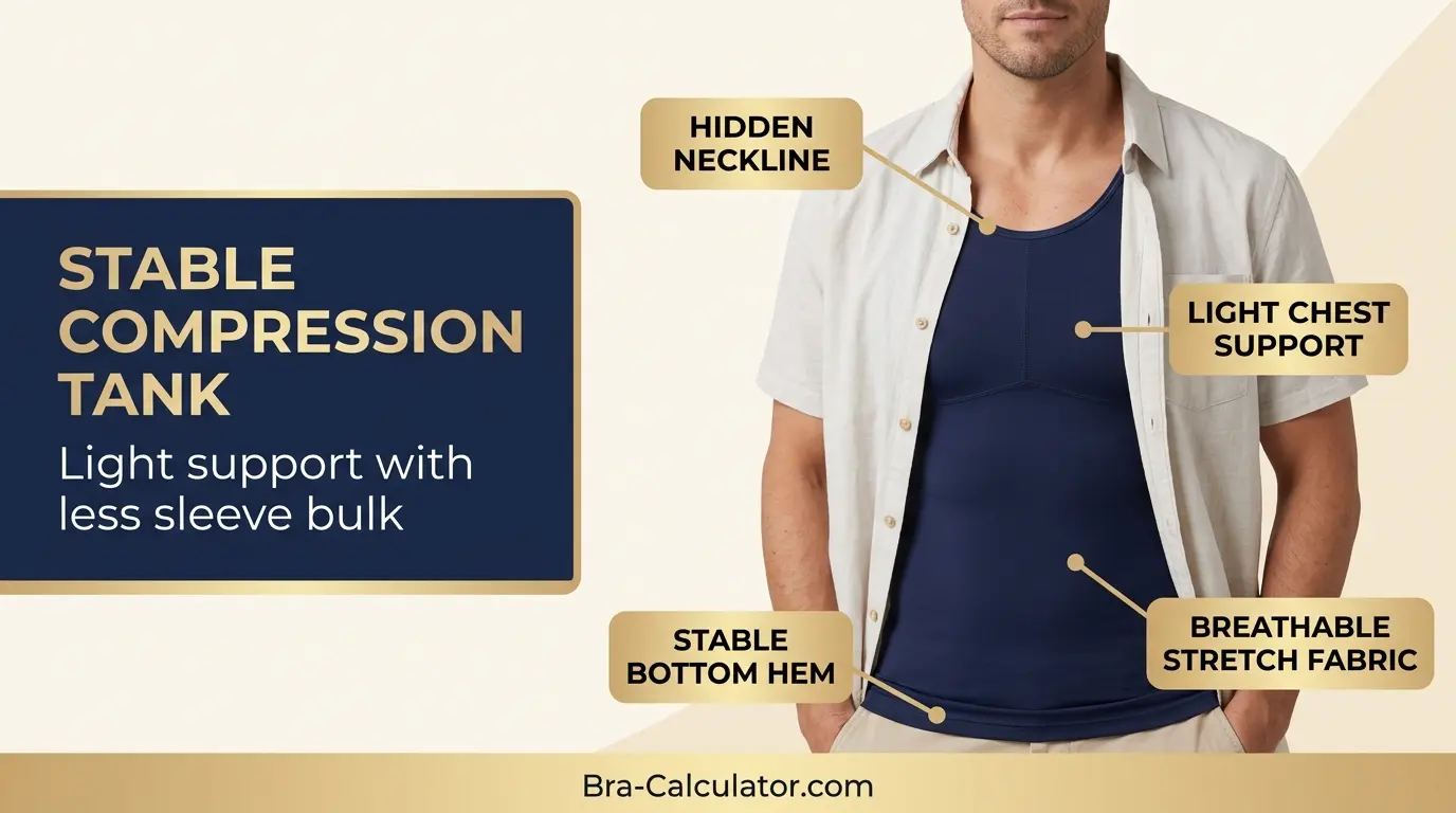 Compression tank with stable hem for gynecomastia support and less rolling