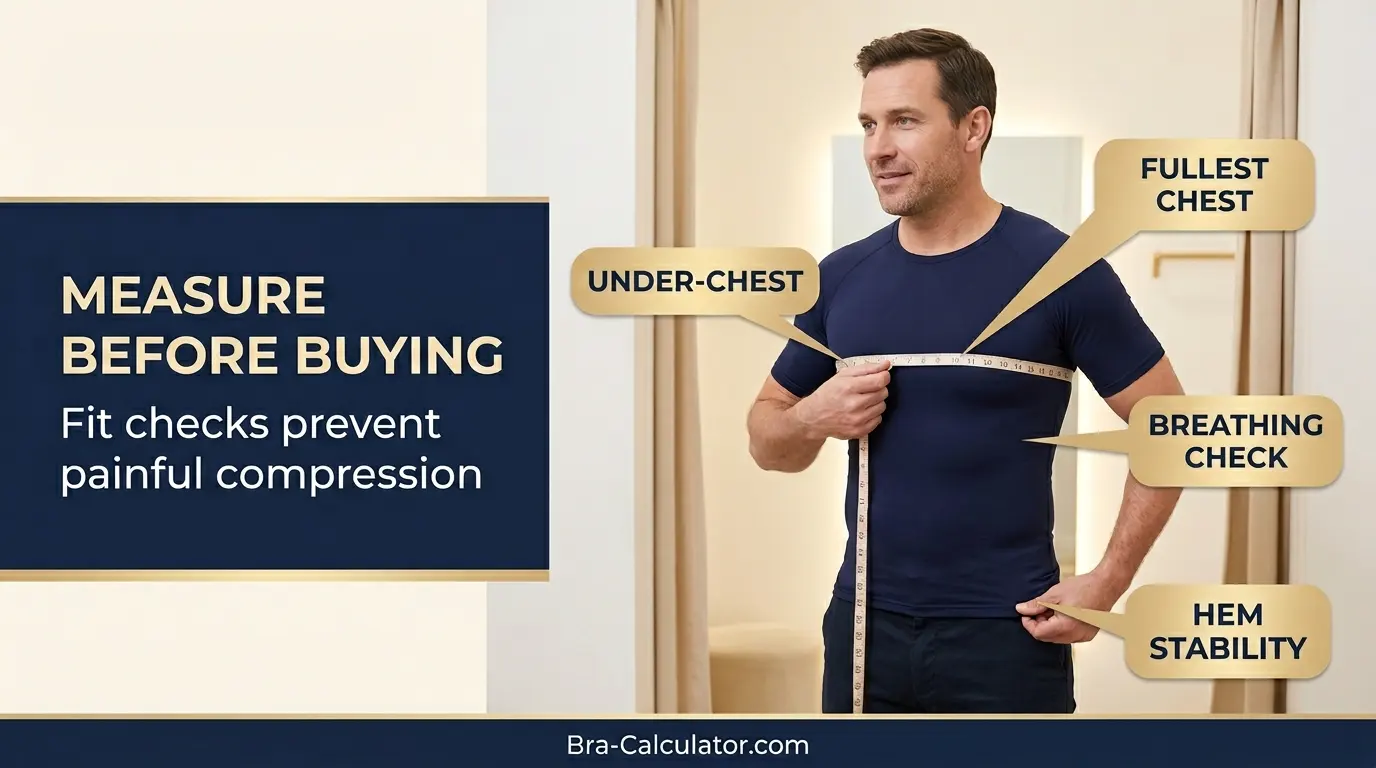 Gynecomastia support fit tests showing under chest measurement chest measurement and compression comfort checks