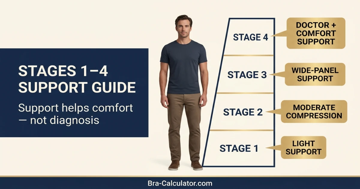 Gynecomastia stages 1 to 4 support guide showing severity based chest support options