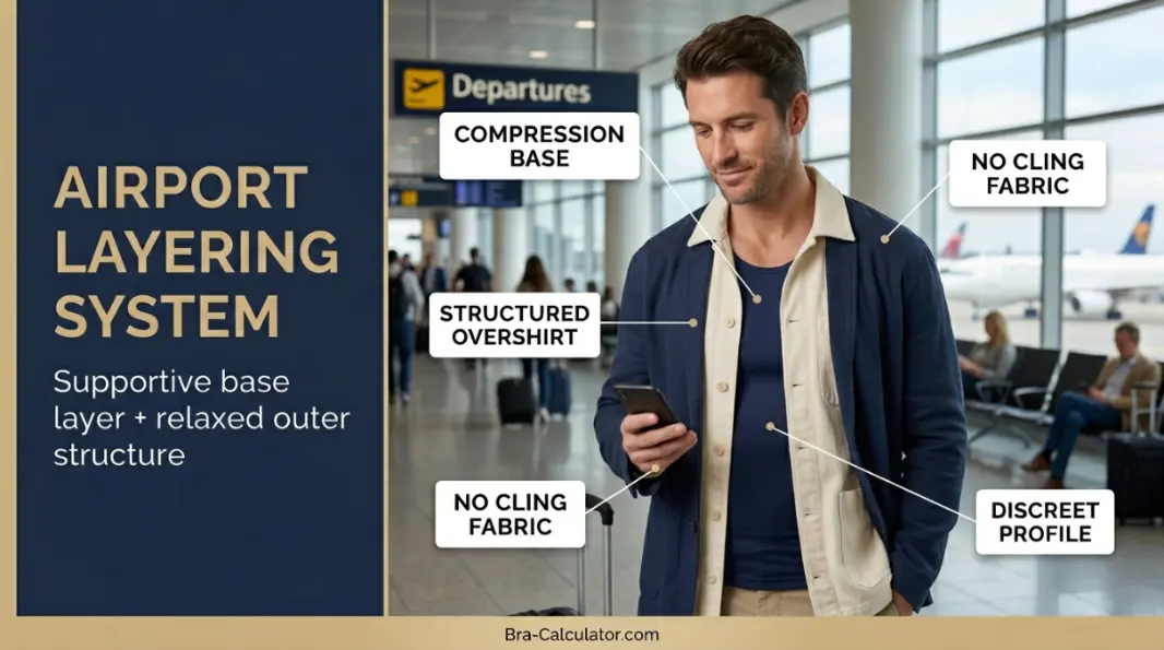 gynecomastia support for travel layering outfit at airport with compression undershirt and overshirt