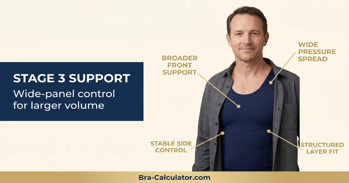 Stage 3 gynecomastia wide panel compression top for larger chest support