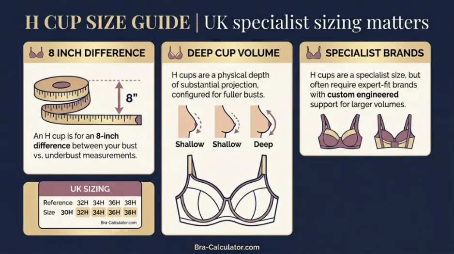 H cup bra size guide — UK specialist sizing, why US brands don't reach H cup, and deep cup requirement
