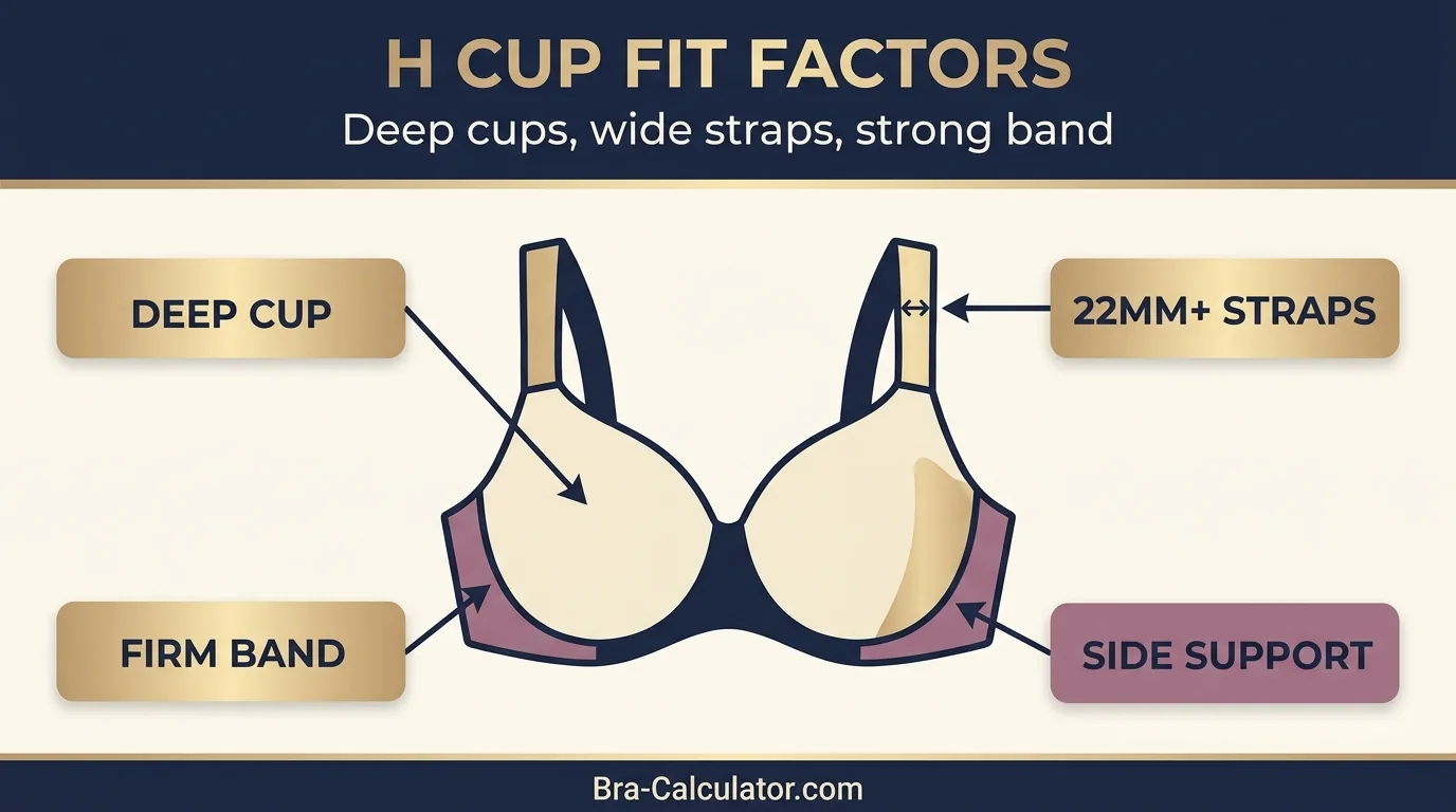 H cup fit factors — deep cup depth requirement, wide strap minimum 22mm, 5-hook closure, UK sizing essential