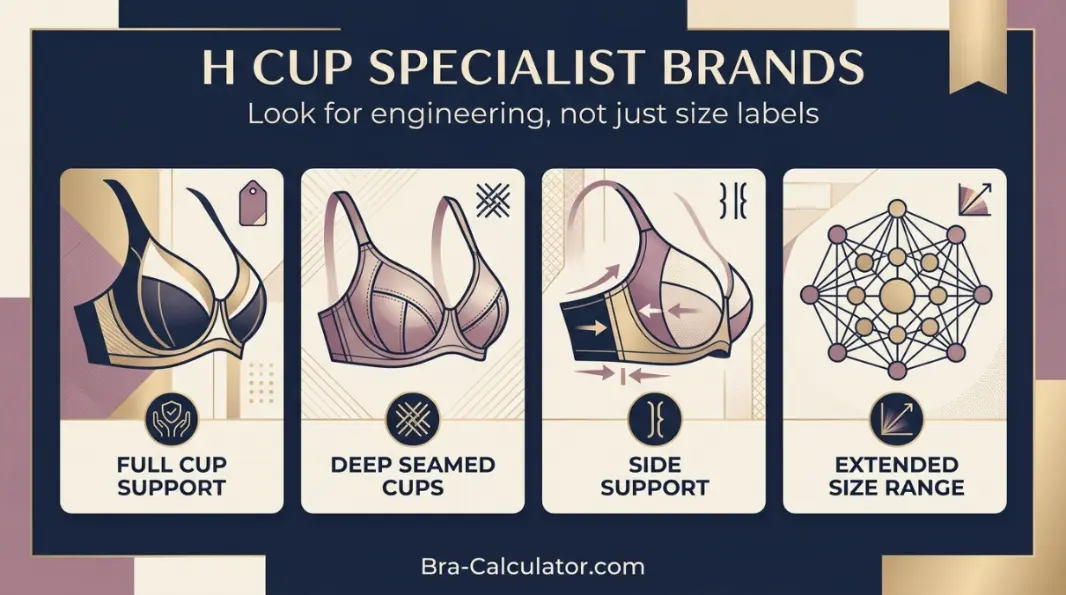 H cup specialist brands overview — Panache, Elomi, Freya, Curvy Kate size ranges and construction comparison