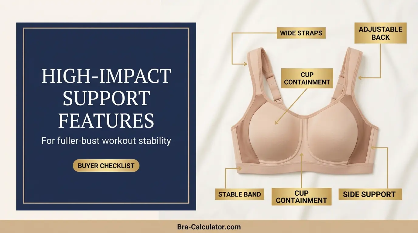 High impact sports bra support features for a fuller bust including band cups side support and wide straps