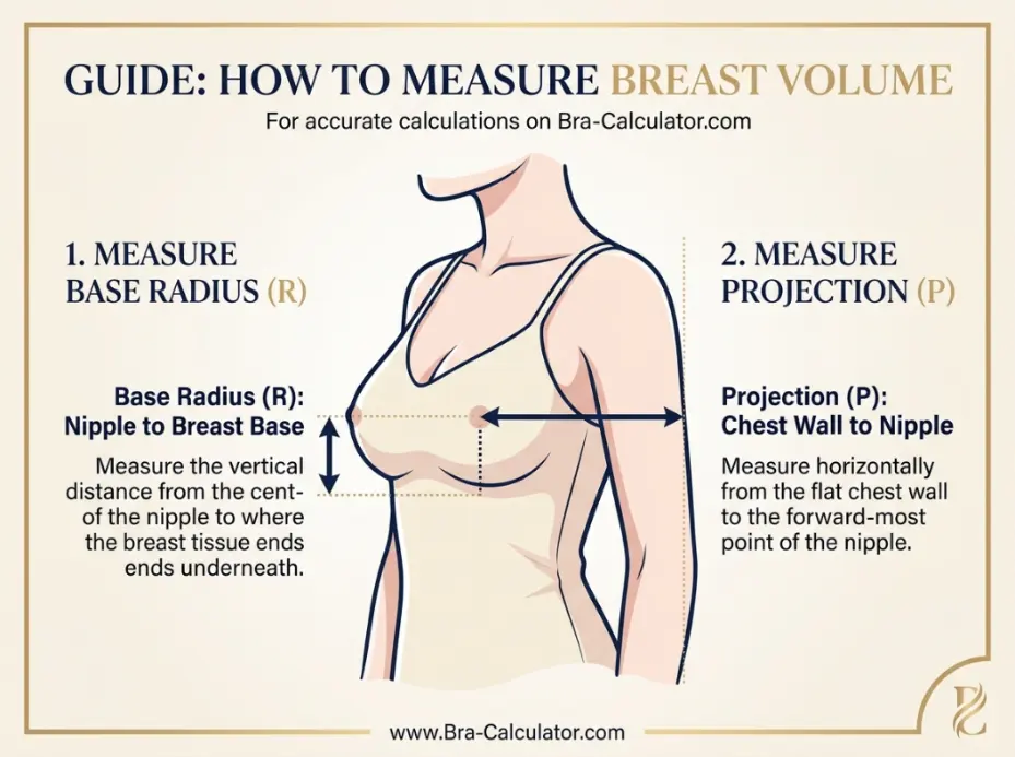 Educational diagram showing breast base radius and projection measurements for breast volume calculator