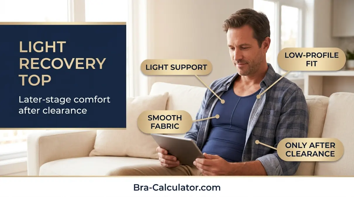 Light recovery compression top for later stage gynecomastia surgery support after surgeon clearance