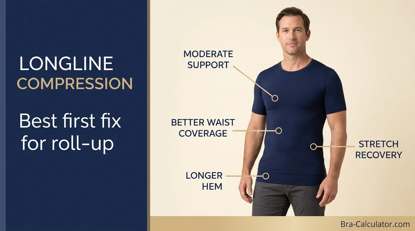 Longline compression shirt for gynecomastia that helps prevent rolling up